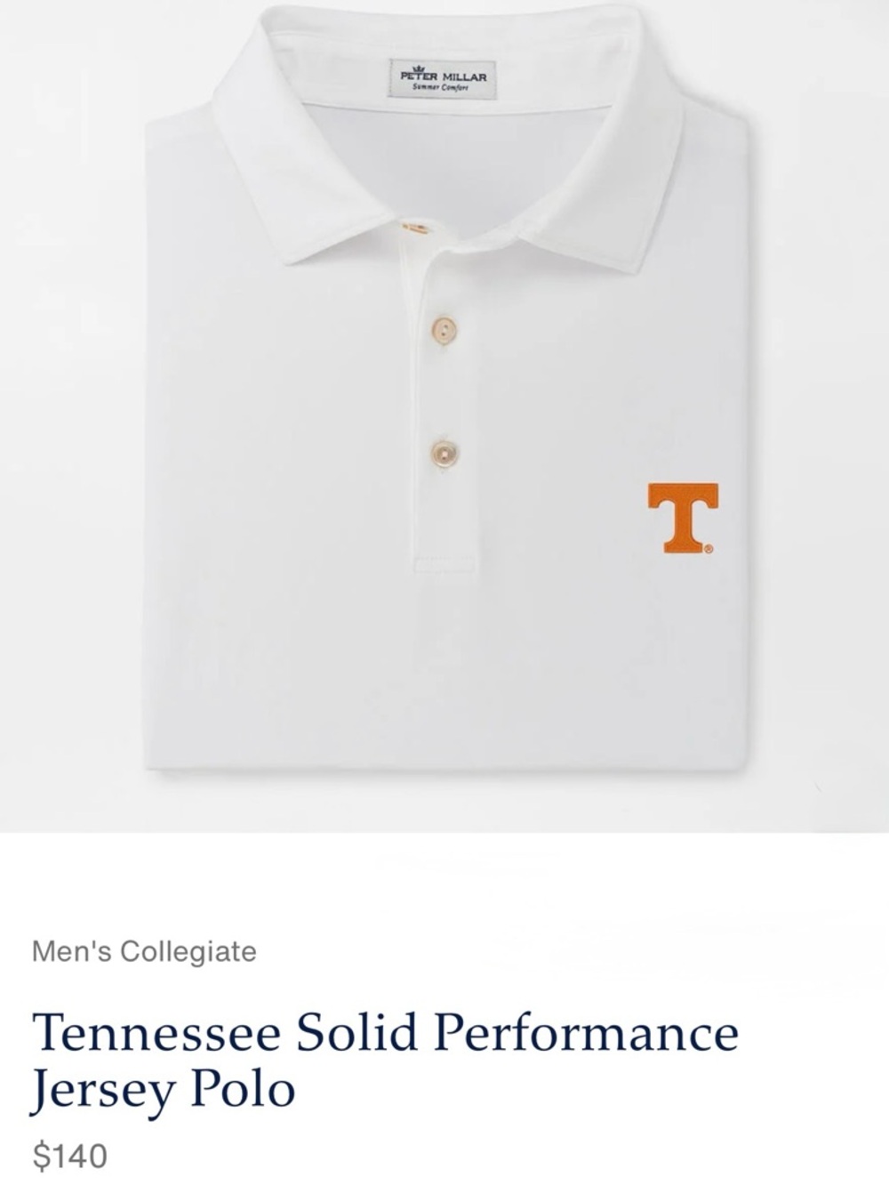 PETER MILLAR Tennessee Vols Solid Performance Jersey Polo